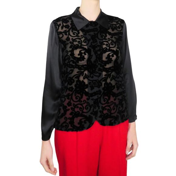 Vintage Diane von Furstenberg Black Baroque Sheer Silk Button Up Blouse Small - Picture 3 of 7